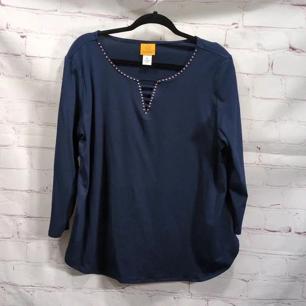 Ruby Rd Dark Blue 3/4 sleeve with silver Studs XL